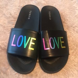 Torrid size 9 Wide Width black w/ rainbow “LOVE” slides